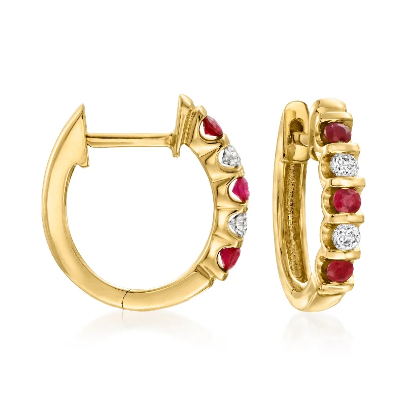 Hoop earrings with stacked layers for a bold and textured design-Ross-Simons Ruby and . Diamond Huggie Hoop Earrings in 14kt Yellow Gold