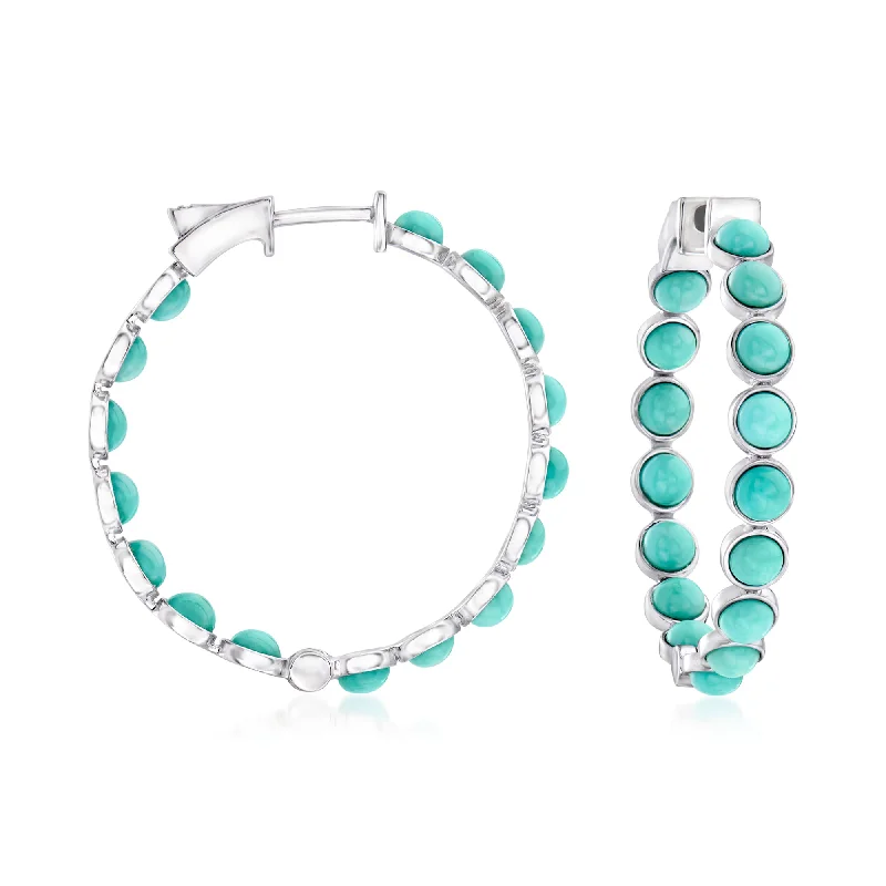 Stylish hoop earrings with diamond accents for an elegant and sparkling effect-Ross-Simons Stabilized Turquoise Inside-Outside Hoop Earrings in Sterling Silver