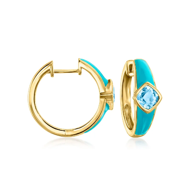 Hoop earrings with cut-out designs for a creative and lightweight effect-Ross-Simons Swiss Blue Topaz and Blue Enamel Hoop Earrings in 18kt Gold Over Sterling