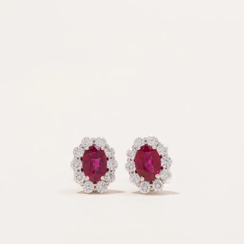 Hoop earrings with leather accents for a sleek and bold combination-Ruby & Diamond Halo Earrings | 1.00ctw, 0.50ctw |