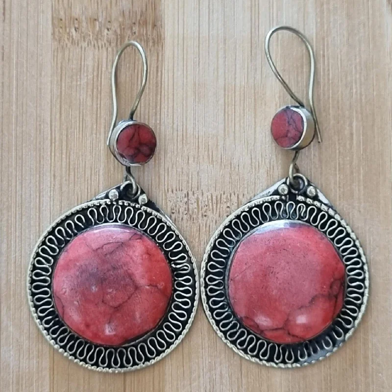 Hoop earrings with faceted crystals for added sparkle and shine-Handmade Tribal Circle Earrings - Red Stone