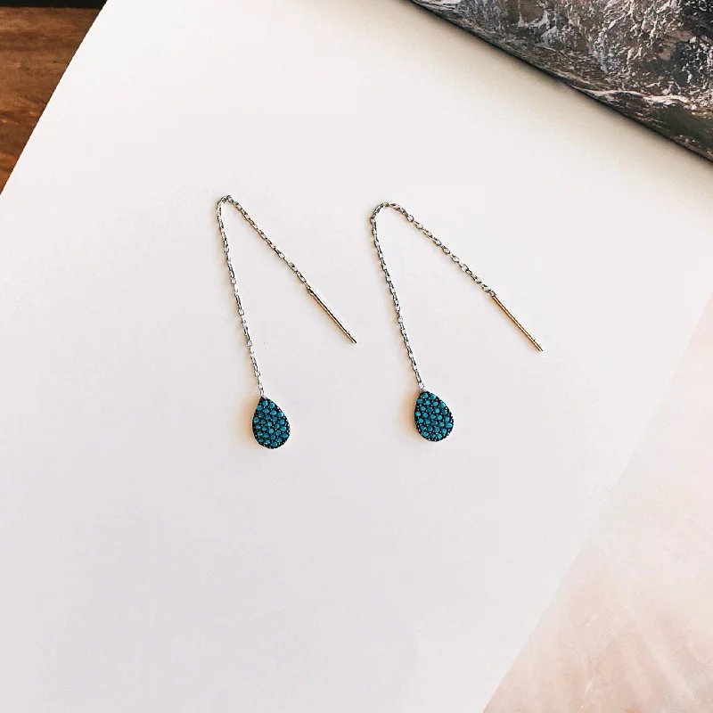 Hoop earrings with satin finishes for a smooth and elegant appearance-Turquoise Teardrop Thread Earrings - Sterling Silver