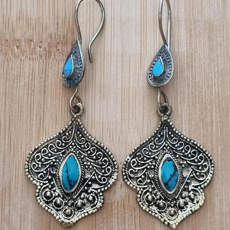 Hoop earrings with resin accents for a bold and colorful design-Exquisite Afghan Turquoise Tribal Earrings