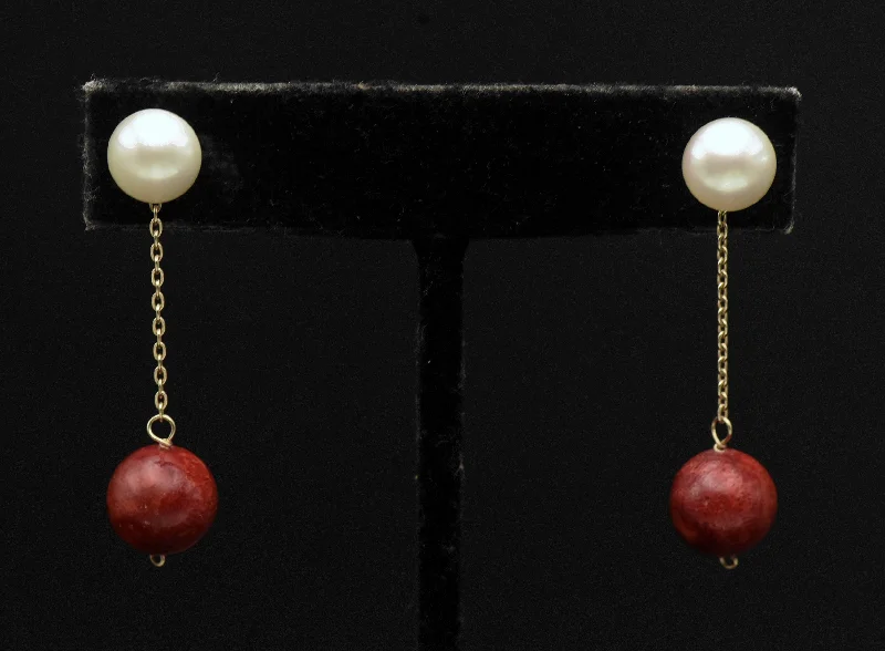 Hoop earrings with heart-shaped frames for a romantic and feminine look-Vintage 14K Gold Red Coral and Cultured Pearl Earrings