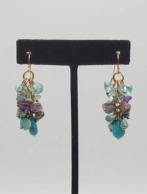 Hoop earrings with diamond-cut surfaces for added sparkle and shine-Vintage Amethyst and Turquoise Nugget Bead Gold Tone Dangle Earrings